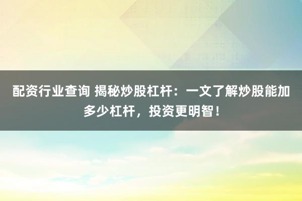 配资行业查询 揭秘炒股杠杆：一文了解炒股能加多少杠杆，投资更明智！